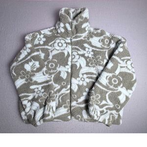 AE American Eagle Oversized Moss Green Floral Print Indie Full Zip Fluffy L/XL